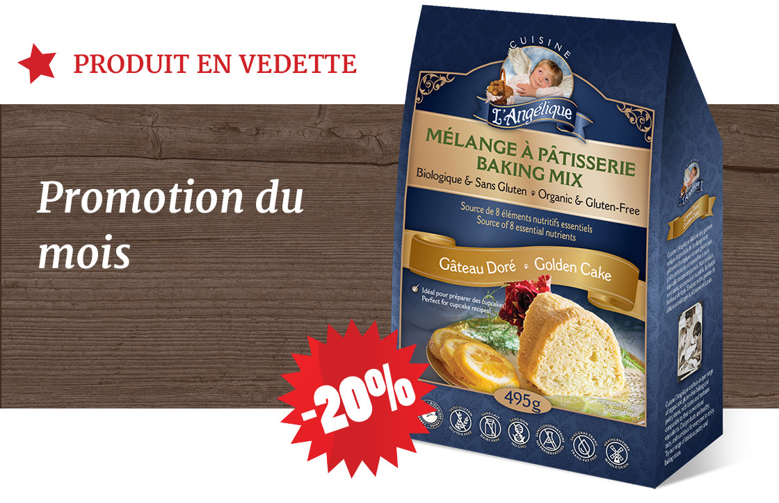 Produit en vedette - Promotion du mois le Gâteau doré sans gluten de Cuisine l'Angélique