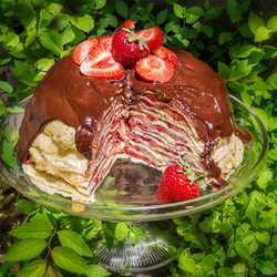 Recette sans gluten Gâteau de crêpes fraises et rhubarbe